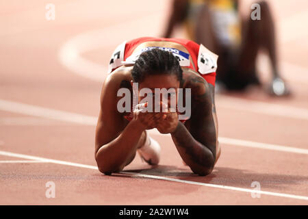 Bahrain's Salwa Eid Naser celebrates winning Gold in the 400 Metres Women's Final race during day seven of the IAAF World Championships at The Khalifa International Stadium, Doha, Qatar. Stock Photo