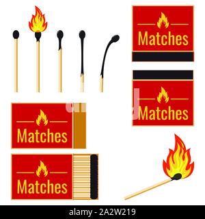 Matches flat design set Vector illustrations burning matchstick on fire, burnt matchstick isolated on white background. Stock Vector