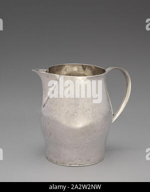 pitcher, Paul Revere (American, 1735-1818), Possibly John Howard, Client (American), Possibly Lucy Howard, Client (American), about 1800-1805, silver, 6-1/2 x 7-3/4 x 5-1/4 in., Engraved, side, beneath spout: JLH [monogram] Impressed, underside: REVERE, Decorative Arts Stock Photo