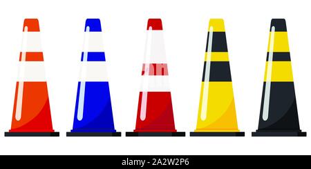 Traffic cones set with reflective stripes stickers vector flat design illustration isolated on white background. Stock Vector