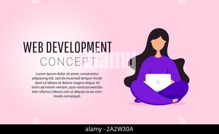 Web programming concept. Modern creative vector illustration of young programmer coding a new project using computer. Stock Vector