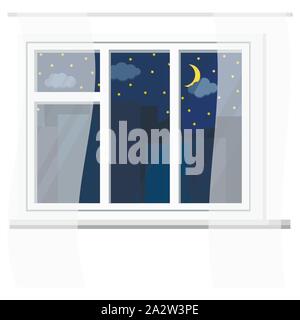 White plastic window with curtains, urban night view with sky, stars, clouds, crescent, silhouettes of city buildings. Stock Vector