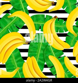 Bunch of Ripe bananas on white background. Striped seamless pattern. Whole fruits and green leaves. Stock Vector