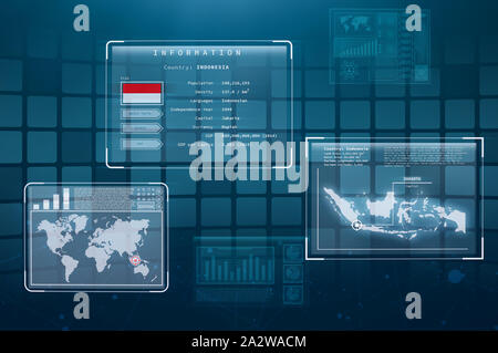 Hologram Screen Displaying Facts about Indonesia. Holographic Displays showing information and researching about Indonesia. Stock Photo