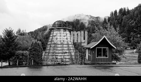 A long abandoned teepee burner, also called a wigwam burner, a structure used to burn forest waste products such as sawdust, at lumber mills in the Pa Stock Photo