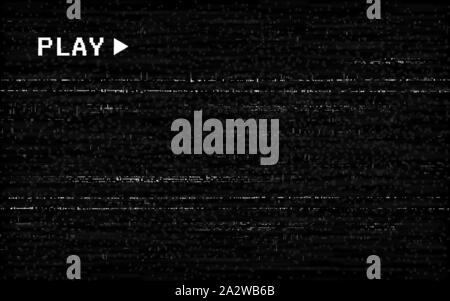 Glitch VHS effect. Old camera template. White horizontal lines on black background. Video rewind texture. No signal concept. Random abstract distortio Stock Vector