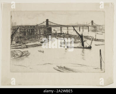 Old Hungerford Bridge, James Abbott McNeill Whistler (American, 1834-1903), 1861, etching and drypoint on off-white Japanese paper, 5-1/2 x 8-3/8 in. (image) 7-3/8 x 9-7/8 in. (sheet), series, A Series of Sixteen Etchings of Scenes on the Thames Stock Photo