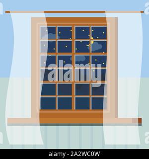 Wooden room window frame with curtains, rural night view with sky, stars, clouds, crescent, forest in cartoon style. Stock Vector