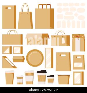 Set of empty kraft brown blank cardboard paper bags for in-store purchases, packaging for food and beverage with labels Stock Vector