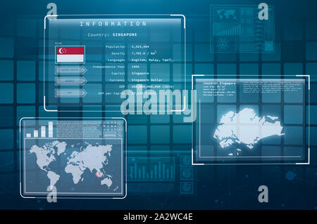 Hologram Screen Displaying Facts about Singapore. Holographic Displays showing information and researching about Singapore. Stock Photo