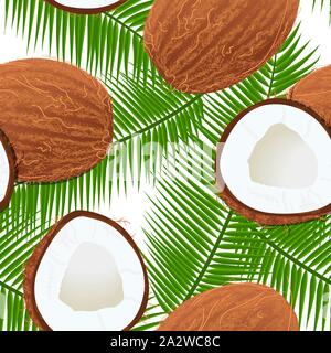 Whole and cracked Ripe coconuts and palm leaves Seamless pattern. place for text. label template. Stock Vector