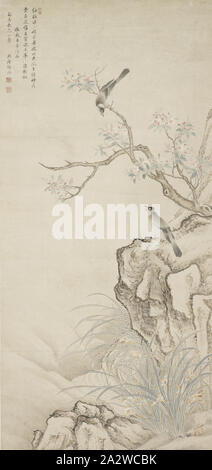 Birds in a Crab-apple Tree, after Zhao Chang 仿超昌花鳥図, Zhāng Hóng 張鴻 (Chinese), about 1700, ink and color on paper, 87 x 34-1/2 in. (sheet), Asian Art Stock Photo
