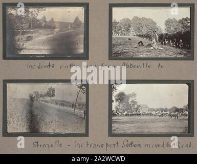 Photograph - 'Incidents on the Way from Abbeville', France, Sergeant John Lord, World War I, 1916-1917, Black and white photographic print which depicts a large group of soldiers marching from Abbeville to Strazeele; however, the exact location of this photograph is unknown. In an extract from the 13th Field Ambulance's diary, soldiers within the field ambulance had to wear clean socks and carry a filled water bottle, medical supplies and a days food rations when marching Stock Photo