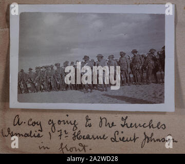 Photograph - 'A Corp. Going to the Trenches', Egypt, Captain Edward Albert McKenna, World War I, 1914-1915, One of 139 photographs in an album from World War I likely to have been taken by Captain Edward Albert McKenna. The photographs include the 7th Battalion training in Mena Camp, Egypt, and sight-seeing. Image depicting the A Corp 'going to the trenches' at Ismalia. The troops are being led by Father Hearne and Lieutenant Johnston Stock Photo