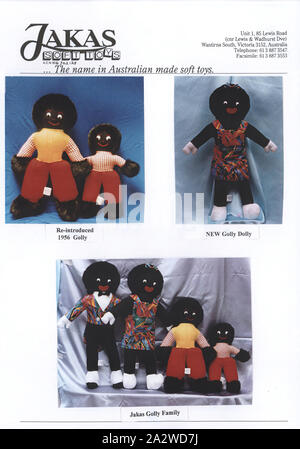 Advertising Flyer - Jakas Soft Toys, Golly Dolls, Melbourne, circa 1990s, A single page advertising flyer showing the range of 'golliwog' soft toys available. Colour images show the 1956 reintroduced 'Golly' soft toy designs, the new 'Golly Dolly' and the 'Jakas Golly Family'. Jakas Soft Toys was a Melbourne-based company which designed and manufactured genuine high quality soft toys from 1956. Their range included teddy bears, golliwogs and Australian native Stock Photo