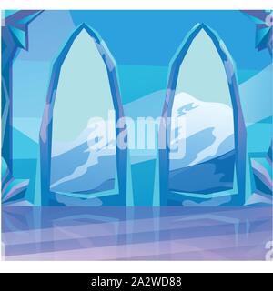 View through the arch of ice castle at landscape the nature views of snowy mountains. Sketch for card, poster on theme of architecture and nature Stock Vector