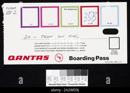 Aeroplane Boarding Pass - Issued to Tran Thi Cuc, Qantas, Kuala Lumpur, 14 Jul 1978, Qantas boarding pass for Cuc Lam (Tran Thi Cuc) for her flight from Kuala Lumpur to Melbourne, on the 14th July 1978. Cuc and her husband escaped from Vietnam in May 1978. They spent time in a refugee camp in Malaysia before being granted refugee status by the Australian Government Stock Photo