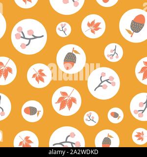 Scattered autumn elements in polka dots seamless vector background. Abstract fall pattern. Repeating texture Scandi leaves, acorn, maple, berry Stock Vector