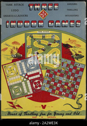 Board Games - Ace, 'Three Indoor Games', 1930s, Box containing set of three indoor board games: Snakes and Ladders, Tank Attack and Ludo. Used circa 1930-1939. World War II changed life for everyone - including children. While fathers were away fighting 'Mr Hitler', many mothers worked long hours in offices and factories. Food and clothing were rationed, and children helped grow vegetables in backyard 'victory gardens'. After Japan entered Stock Photo