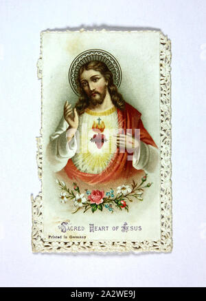 Card - 'Sacred Heart of Jesus', World War I, Oct 1915, Card with full-colour image of Jesus on front, dated October 1915, during World War I. Its author is unknown, although it was acquired by Museum Victoria with a collection of material relating to the service of Private William Nairn, who enlisted in September 1916 and was killed in July 1918. The initials 'E.S. at the time are likely those of his future wife, Eileen Shannahan, who he married Stock Photo