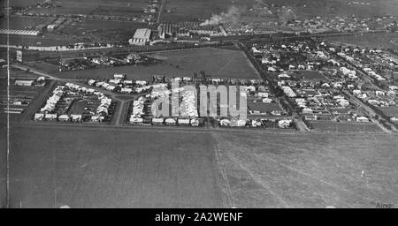 Photograph - H.V. McKay, Aerial View of Soldier Settlement, Albion, Victoria, 1919, Black and white aerial photograph taken towards Hampshire Road It is of the soldier settlement area built by McKay for its workers. The area was located in Albion, bounded by Adelaide, Kamarooka, Coolamon, Gunnedah, Hamel, Bazentin and Sydney Streets. Photograph is located in an album: Volume No.1: 'Views of Factories and Branches', page 155. This is one of 25 albums that provide detailed Stock Photo