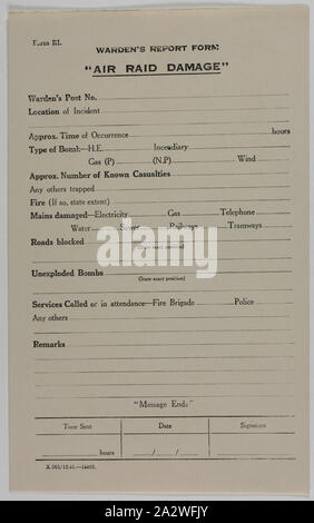 Form - Warden's Report, 'Air Raid Damage', World War II, 1939-1945, A printed form intended for use for recording damage incurred as a result of an air raid during World War II. It has not been filled out Stock Photo