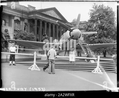 Glass Negative - Sea Fury Military Bomber Aircraft, Jubilee of Flight Exhibition, Museum of Applied Science (Science Museum), Melbourne, 1953, Photograph close-up of the Royal Australian Navy's Sea Fury Military Bomber Aircraft outside the Museum of Applied Science, Swanston Street, 1953. The Sea Fury was loaned to the Museum for display during the Jubilee of Flight Exhibition. The exhibition commemorated the first fifty years of aviation and was open from 10 Dec 1953 until Feb 1954 Stock Photo