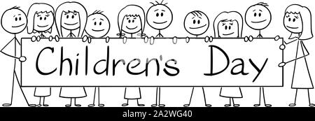 Vector cartoon stick figure drawing conceptual illustration of group of smiling children holding big sign with Children's Day text on it. Stock Vector