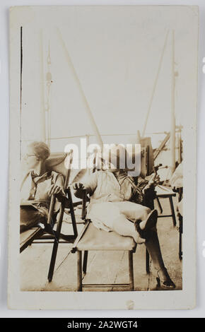Photograph - Kodak, 'Duchess of York and Lady Davidson', 1927, Black and white photograph of the Duchess of York and Lady Davidson sitting on deck chairs on board a ship. The Duke and Duchess of York (later King George VI and Queen Elizabeth) visited Australia in 1927 where they attended the opening of Parliament House in Canberra. Sir Walter Davidson was the governor of New South Wales and it is likely that the Lady Davidson in this image is his wife