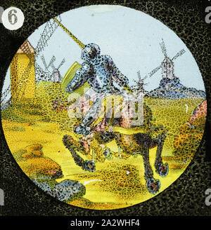 Lantern Slide - Don Quixote, No. 6, 1900-1920, Alternative Name(s); Children's Slide; Magic Lantern Slide Slide number 6 from a set of 12 lantern slides depicting the story of Don Quixote. Depicts Don Quixote attacking windmills, which he believes to be giants. pre-cinematic apparatus and ephemera the Australian and Victorian Governments in 1975 Stock Photo