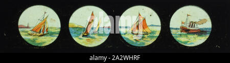 Lantern Slide - Miniature Panorama Format Multiple Image, Four Boats at Sea, circa 1860-1920, Alternative Name(s): Children's Slide; Panorama Maic Lantern Slide This lantern slide series is part of the Francis Collection of pre-cinematic apparatus and ephemera the Australian and Victorian Governments in 1975. co-founder of the Museum of the Moving Image Stock Photo