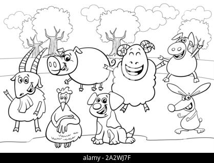 Black and White Cartoon Illustration of Cute Farm Animals Comic Characters Group Coloring Book Page Stock Vector