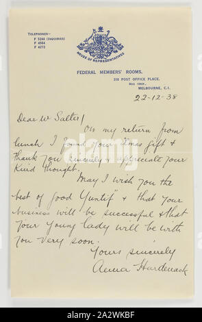 Letter - Anna Hardmack to Robert Salter, 22 Dec 1938, Letter from Anna Hardmack to Robert Salter dated 22 December 1938. Anna thanks Robert Salter for his Christmas gift and sends her best wishes for his reunion with his fiancée. Robert migrated to Australia from Austria, fleeing Vienna just before the German annexation of Austria in 1938. Robert had applied for residency in Australia 5 months before leaving Vienna but could not wait for approval as Stock Photo