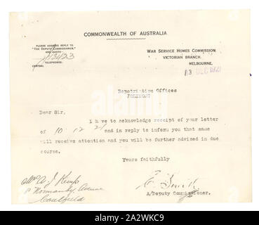 Letter - War Service Homes Commission to Mrs A. J. Kemp, Acknowlegement of Letter, 13 Dec 1921, Letter sent to Annie Kemp, widow of Pte Albert Edward Kemp, who was killed in action in 1917, during World War I. The letter, from the War Service Homes Commission, acknowledges her earlier letter Stock Photo