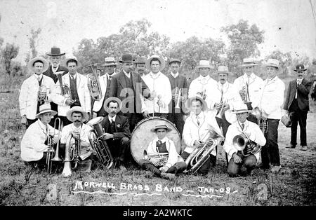 Negative - Morwell District, Victoria, Jan 1908, Members of the Morwell Brass Band posed outside with their musical instruments. They are dressed in uniform Stock Photo