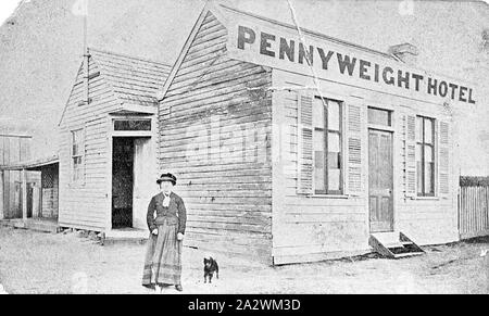Negative - Woman & Dog Outside Pennyweight Hotel, Ballarat, Victoria, circa 1875, A woman and dog outside the Pennyweight Hotel. The woman is wearing a dress and jacket with a hat. There is a small staircase at the entrance to the hotel, located directly in front of the door. There are two large windows located on either side of the door, and the chimney is seen to the right. The hotel appears to be Victorian timber. There is another building behind the hotel, and the door is Stock Photo