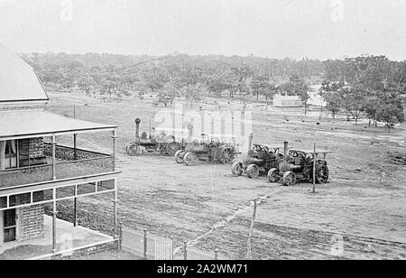Negative - Steam Traction Engines Outside The Chaffey Homestead (?) Looking Toward the Murray River, Mildura, Victoria, circa 1885, Looking towards the Murray River. Steam traction engines in the centre of the photograph. The verandahs of a two-storied building (the Chaffey homestead?) on the left Stock Photo