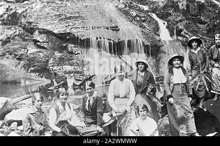 Negative - Group of Women at Lal Lal Falls, Moorabool River, Victoria, circa 1905, A group of women at the Lal Lal Falls Stock Photo