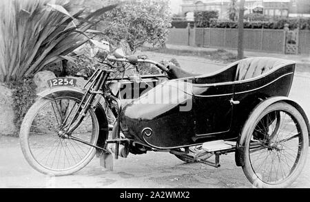 Negative - New Hudson Motor Cycle & Side-Car, Melbourne, Victoria, 1916, A New Hudson motor cycle and a side-car built by Albert Butcher of Prahran for his own use Stock Photo