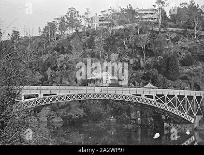 Negative - Cataract Gorge, Launceston, Tasmania, circa 1900, The Cataract Bridge(King's Bridge) at the junction of the South Esk and Tamar Rivers. The house on the hill in the background was 'Trevallyn Stock Photo