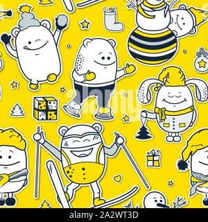 Christmas seamless pattern with funny characters. Black-yellow funny personages, paper art. Cute monsters for new year greeting card Stock Vector