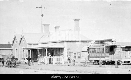 Negative - Adelaide, South Australia, circa 1875, A double decker tram at the tram terminus. There is a horse and cart on the left Stock Photo