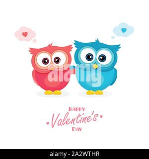 Happy Valentine's Day poster. Beautiful greeting card for holiday and celebration day of lovers. Cartoon cute postcard with pink and blue funny owls Stock Vector