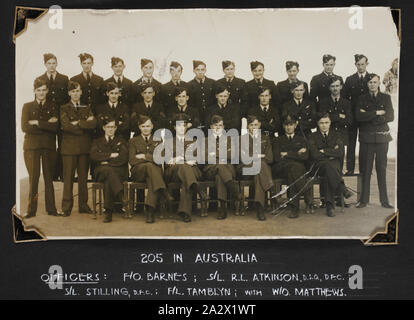 Photograph - '205 In Australia', World War II, 1942, Black and white photograph of a group portrait of officers and airmen of No. 205 Squadron RAF. One of 116 photographs in a photographic album held by Pilot Officer Colin Keon-Cohen. These are very good images of life in Singapore with 205 Sqn RAF, then 77 Sqn RAAF, World War II era Stock Photo