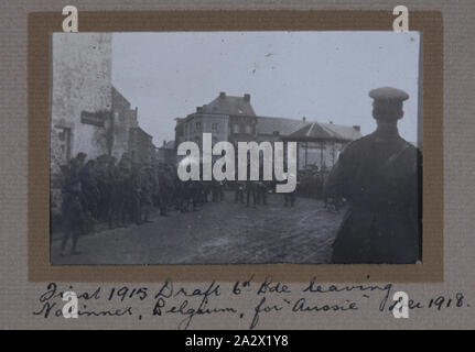 Photograph - 'First 1915 Draft 6th Pde leaving', Nalinnes, Belgium, Sergeant Major G.P. Mulcahy, World War I, Dec 1918, One of 44 black and white photographs in an album bound in green suede, believed to have been taken by Sergeant Major Gilbert Payne Mulcahy during World War I. It documents his military service in Egypt, France, Belgium and his return to Australia via Capetown and the Quarantine Station, Point Nepean, 1916-1919. Image depicting the departure of the First 1915 Draft, 6th Brigade from Nalinnes Stock Photo
