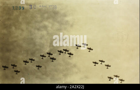 Photograph - RAAF Hawker Demon Aeroplanes Flying in Formation, Apr 1938, Black and whit photograph which is part of a large photographic collection of glass plate and film negatives, photographic prints and photo albums, relating to the development of the electric power supply industry in Victoria, operated by the State Electricity Commission of Victoria (SECV) from 1919 to 1993 and various predecessor private and municipal power supply enterprises dating back to Stock Photo