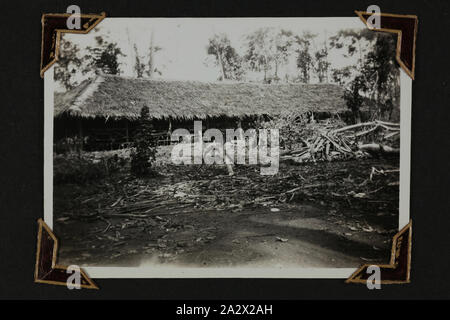 Photograph - Building in a Forest, New Guinea, Sister Isabel Erskine Plante, World War II, circa 1942, One of 135 black and white photographs contained in a World War II-era photograph album, featuring photographs of Sister Isabel Erskine Plante in uniform, on service views of the Middle East and New Guinea - World War II. The album belonged to Sister Isabel Erskine Plante, a nurse at the 7th Australian General Hospital in Palestine Stock Photo