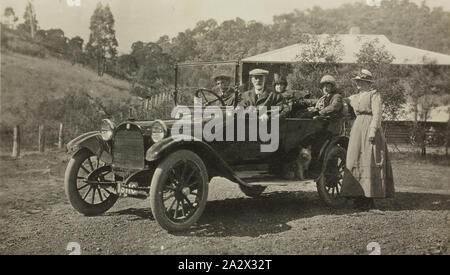 Photograph - Group with Dodge Motor Car, Victoria, 10 Apr 1916, Black and white image of a group of people with a Dodge Motor Car in April 1916. It is part of a large photographic collection of glass plate and film negatives, photographic prints and photo albums, relating to the development of the electric power supply industry in Victoria, operated by the State Electricity Commission of Victoria (SECV) from 1919 to 1993 and various predecessor private Stock Photo