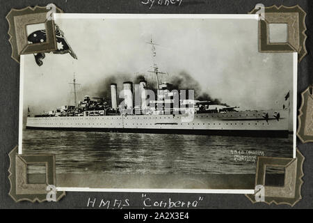 Photograph - 'HMAS Canberra Flagship' 1937-1939, Black and white photograph of naval ship, H.M.A.S Canberra in port at Melbourne. One of 48 photographs in a photographic album. Taken by D.R.Goodwin, Royal Australian Navy (R.A.N.) 1937-1939. The images are of H.M.A.S Cerberus and other naval ships, naval training and field gun crews Stock Photo