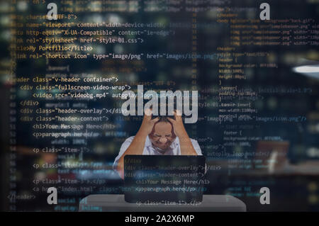 Angry web developer and designer while working on his website project. Working at the office during night shift. HTML Codes. Stressful job, and life. Stock Photo